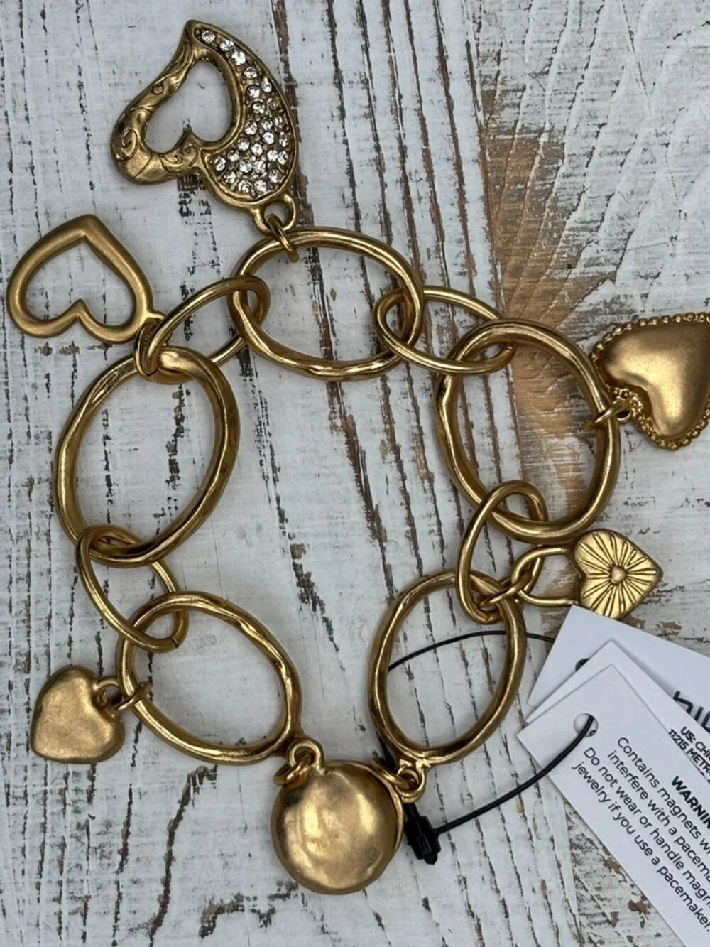 NWT Chico’s Antique Gold Heart Charm Bracelet One Size